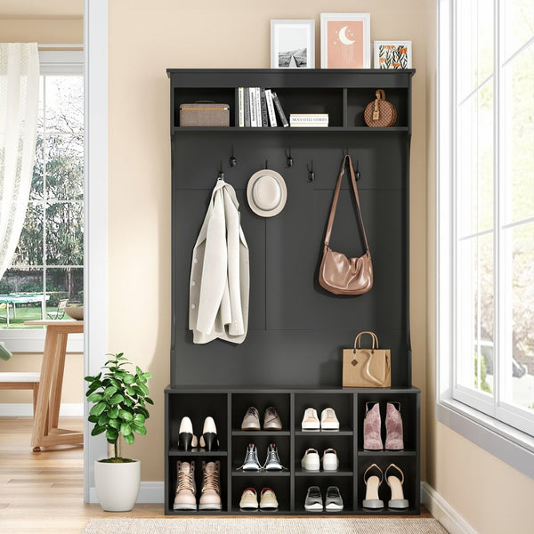 English Elm 70.9 Inch Freestanding Hall Tree with Bench Shoe Cubbies and 7 Hooks for Entryway Black T3623P434557