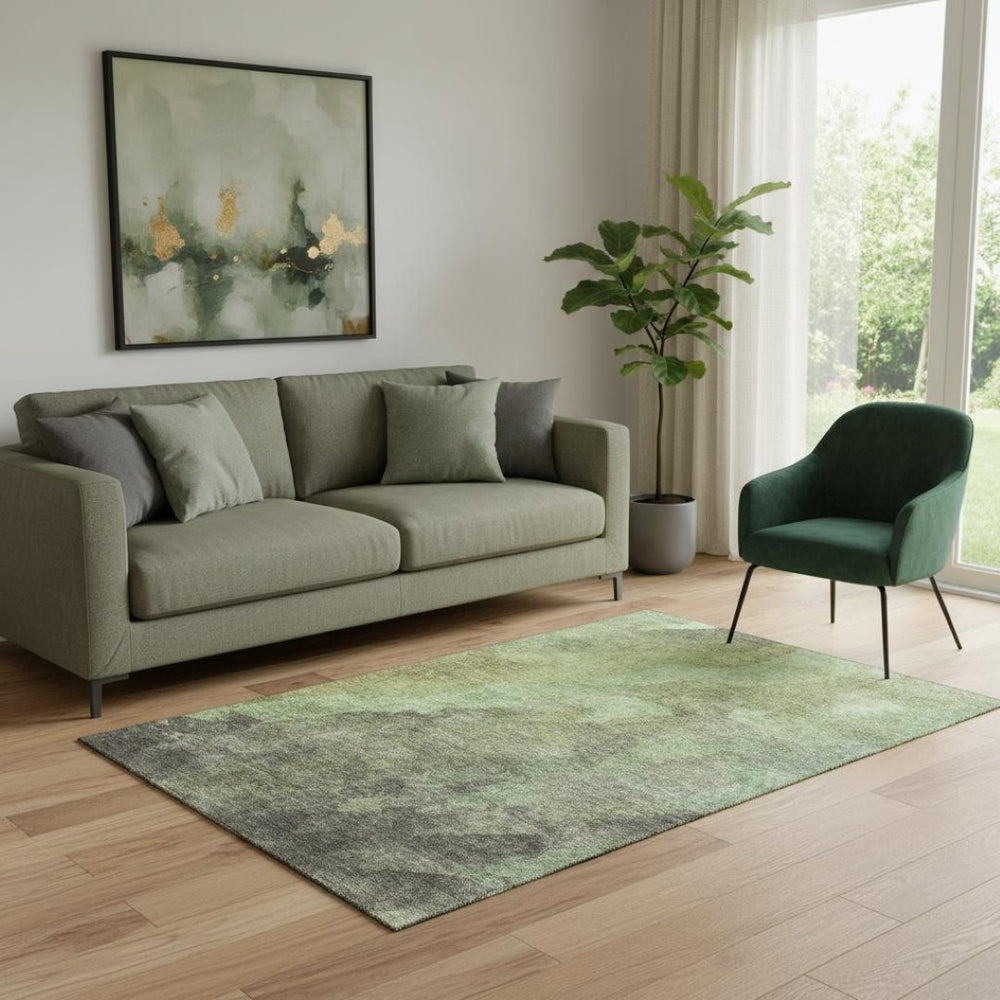 HomeRoots 8' Green and Charcoal Abstract Washable Round Rug - Durable, UV-Protected, Perfect for Homes! 710067