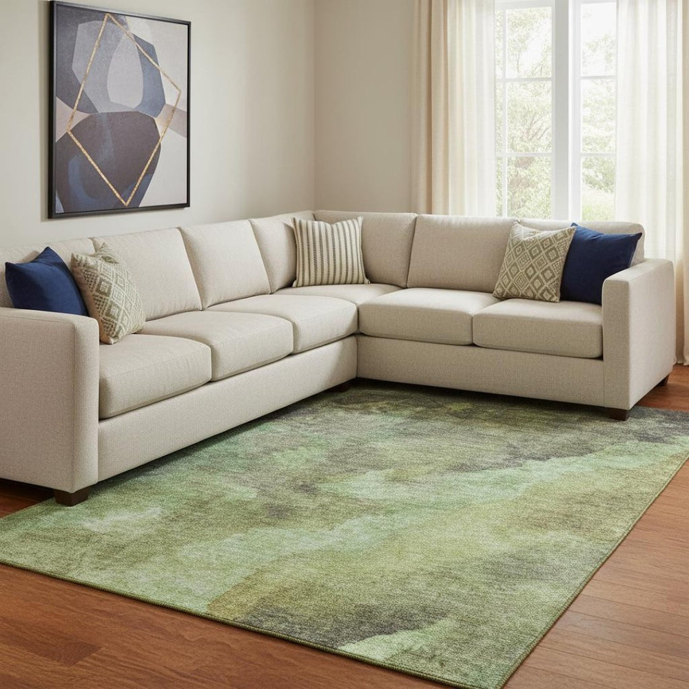HomeRoots 9' X 12' Green And Charcoal Abstract Washable Area Rug – Stylish, Stain-Resistant, UV Protected Design 710069