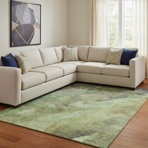 HomeRoots 9' X 12' Green And Charcoal Abstract Washable Area Rug – Stylish, Stain-Resistant, UV Protected Design 710069