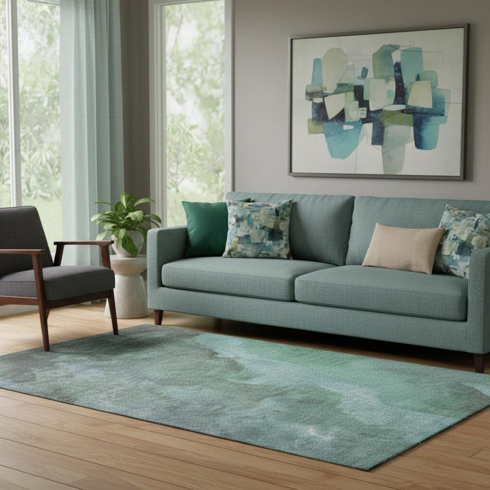HomeRoots 8' Teal and Charcoal Abstract Round Rug - Washable, UV Protected, Durable for High-Traffic Areas 710079