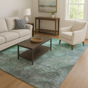 HomeRoots 8' Teal and Charcoal Abstract Round Rug - Washable, UV Protected, Durable for High-Traffic Areas 710079