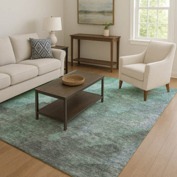 HomeRoots 8' Teal and Charcoal Abstract Round Rug - Washable, UV Protected, Durable for High-Traffic Areas 710079