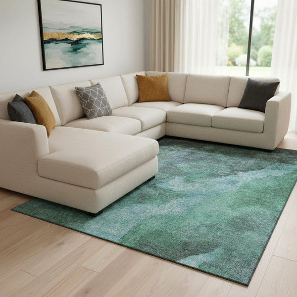 HomeRoots 9' X 12' Teal and Charcoal Abstract Area Rug – Stylish, Washable, UV Protected for High-Traffic Spaces 710081