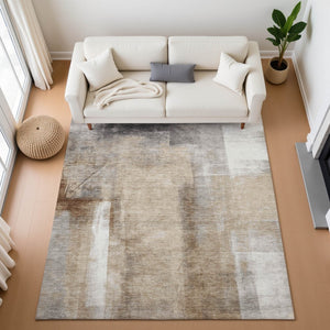HomeRoots 5' X 8' Washable Area Rug - Modern Beige, Brown & Gray Abstract Design with UV Protection & Non-Slip Backing 710084
