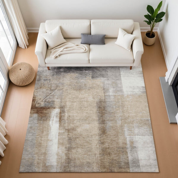 HomeRoots 5' X 8' Washable Area Rug - Modern Beige, Brown & Gray Abstract Design with UV Protection & Non-Slip Backing 710084