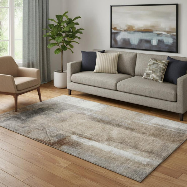 HomeRoots 8' Modern Abstract Washable Round Rug in Beige, Brown & Gray - UV & Stain Resistant for High Traffic Spaces 710085