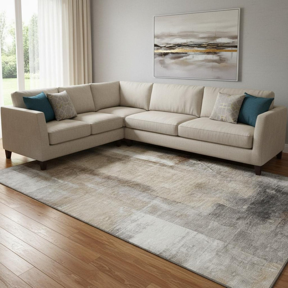 HomeRoots 9' X 12' Washable Abstract Area Rug in Beige, Brown & Gray - UV Protection, Stain Resistant Design 710087