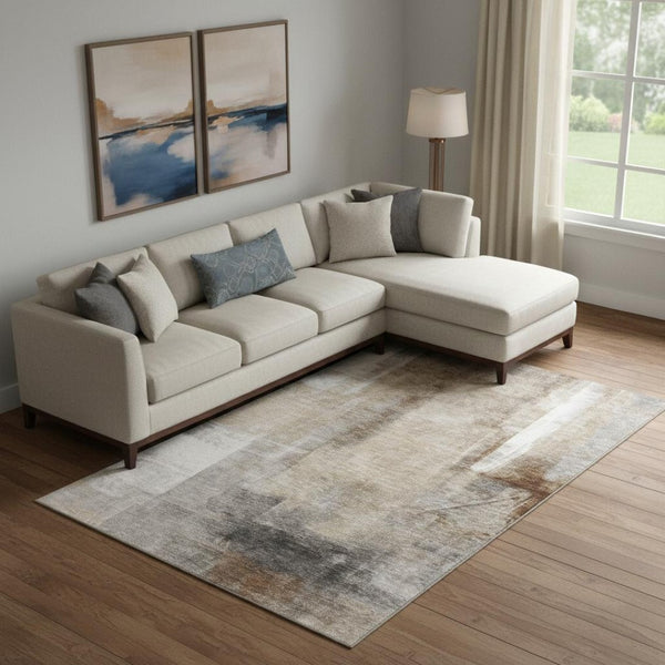 HomeRoots 10' Beige Brown & Gray Abstract Washable Area Rug - Durable, UV-Protected, Perfect for High Traffic Areas 710088