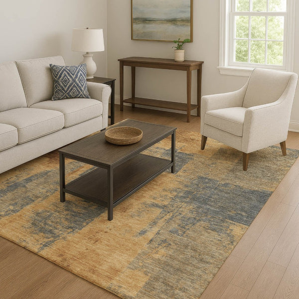 HomeRoots 5' X 8' Gold And Blue Abstract Area Rug – Durable, Washable, UV-Protected, and Ideal for High-Traffic Spaces 710090