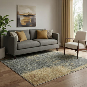 HomeRoots 8' Gold and Blue Abstract Washable Round Rug – UV Protected, Stain Resistant, Perfect for High-Traffic Areas 710091