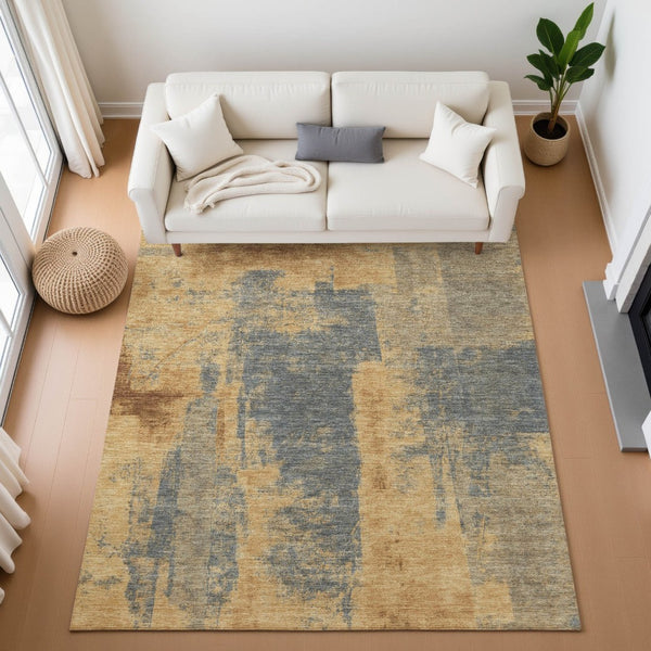 HomeRoots 9' X 12' Gold and Blue Abstract Area Rug - Washable, UV Protected, Durable for High-Traffic Spaces 710093