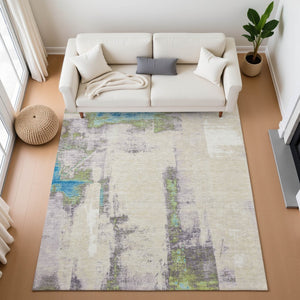 HomeRoots 5' X 8' Stylish Washable Area Rug in Green and Blue Abstract Design with UV Protection & Non-Slip Backing 710096