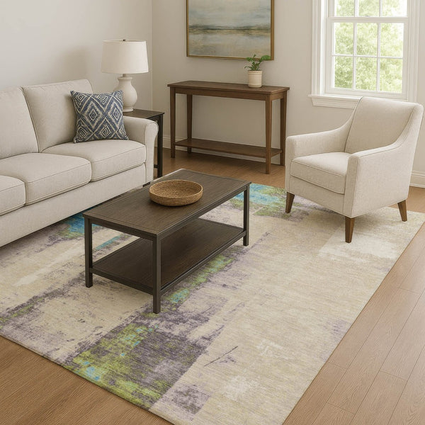 HomeRoots 5' X 8' Stylish Washable Area Rug in Green and Blue Abstract Design with UV Protection & Non-Slip Backing 710096