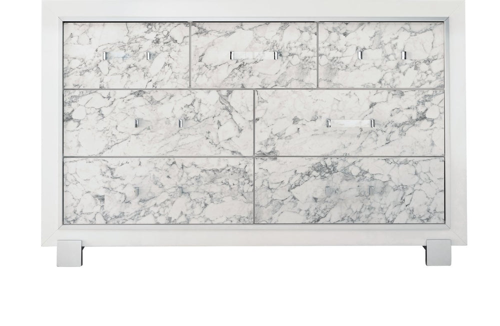 English Elm SKYE Marble White Dresser with Marble-Style Drawer Fronts, Solid Wood Frame, Spacious Knob Drawers B201P226274