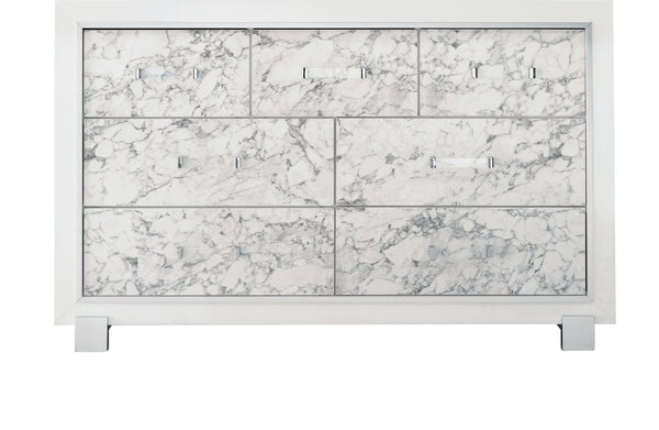 English Elm SKYE Marble White Dresser with Marble-Style Drawer Fronts, Solid Wood Frame, Spacious Knob Drawers B201P226274