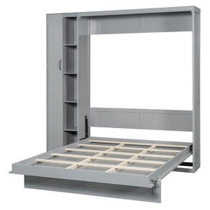 English Elm Queen Murphy Wall Bed with Led Lighting Open Shelves and Wardrobe Cabinet Storage LP000899AAE