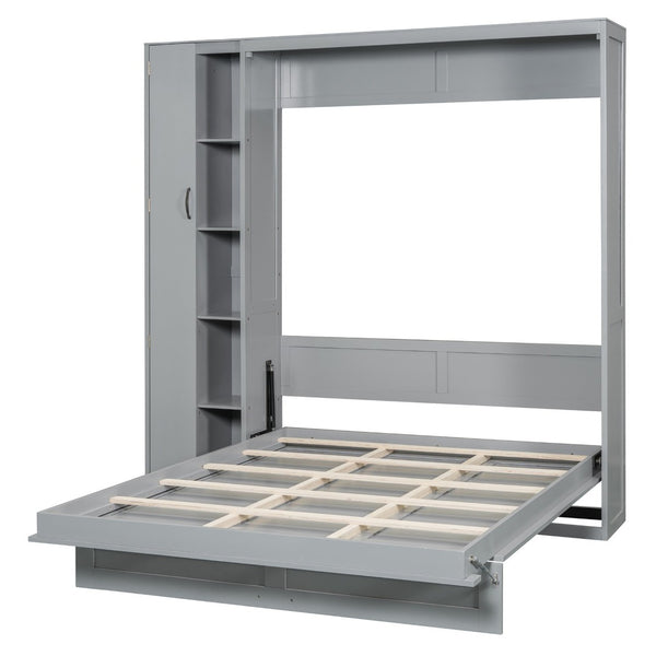 English Elm Queen Murphy Wall Bed with Led Lighting Open Shelves and Wardrobe Cabinet Storage LP000899AAE