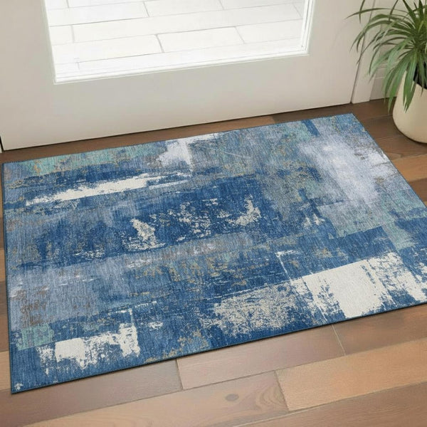 HomeRoots 5' Navy Blue & Ivory Abstract Washable Area Rug - Modern, Stain-Resistant, UV Protected for Homes 710102