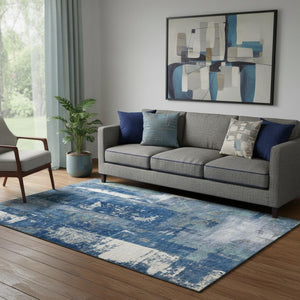 HomeRoots 8' Navy Blue & Ivory Abstract Washable Round Rug - UV Protected, Durable & Stylish for Every Space 710103