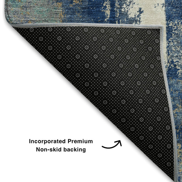 HomeRoots 8' Navy Blue & Ivory Abstract Washable Round Rug - UV Protected, Durable & Stylish for Every Space 710103
