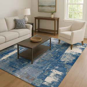HomeRoots 8' Navy Blue & Ivory Abstract Washable Round Rug - UV Protected, Durable & Stylish for Every Space 710103