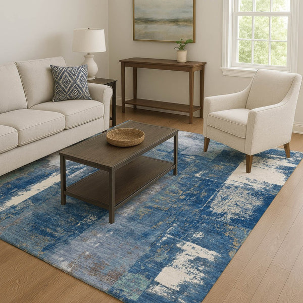 HomeRoots 8' Navy Blue & Ivory Abstract Washable Round Rug - UV Protected, Durable & Stylish for Every Space 710103