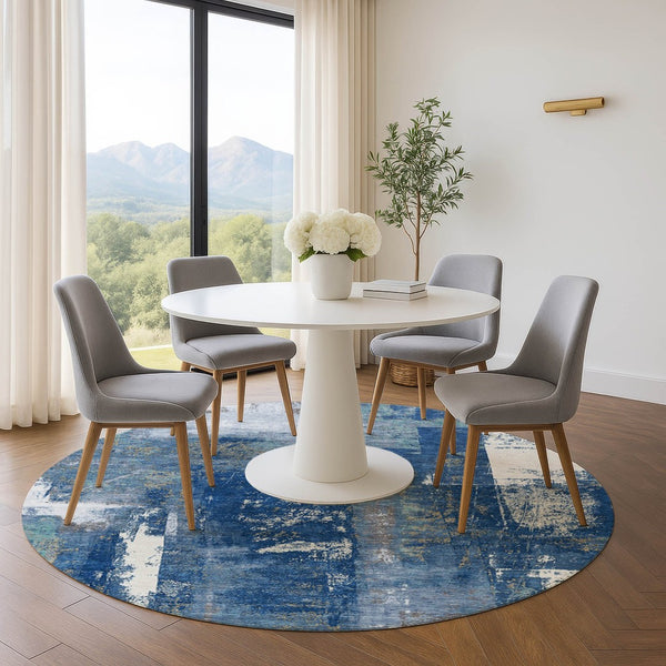 HomeRoots 8' X 10' Navy Blue And Ivory Abstract Washable Area Rug - Durable, Stain Resistant, UV Protected Design 710104