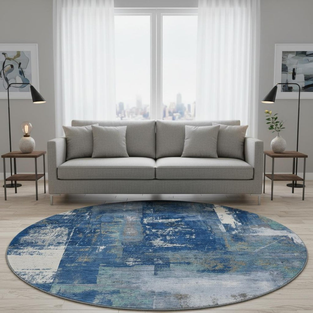 HomeRoots 8' X 10' Navy Blue And Ivory Abstract Washable Area Rug - Durable, Stain Resistant, UV Protected Design 710104