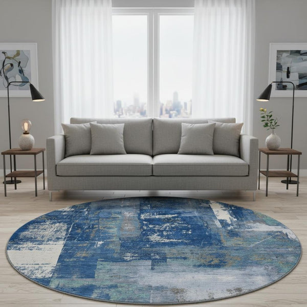 HomeRoots 8' X 10' Navy Blue And Ivory Abstract Washable Area Rug - Durable, Stain Resistant, UV Protected Design 710104