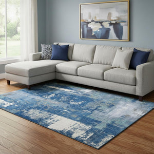HomeRoots 9' X 12' Navy Blue & Ivory Abstract Washable Area Rug - Durable, UV-Protected & Easy to Clean! 710105