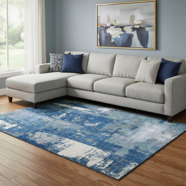 HomeRoots 9' X 12' Navy Blue & Ivory Abstract Washable Area Rug - Durable, UV-Protected & Easy to Clean! 710105