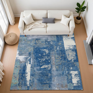HomeRoots 9' X 12' Navy Blue & Ivory Abstract Washable Area Rug - Durable, UV-Protected & Easy to Clean! 710105