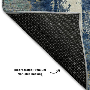 HomeRoots 9' X 12' Navy Blue & Ivory Abstract Washable Area Rug - Durable, UV-Protected & Easy to Clean! 710105