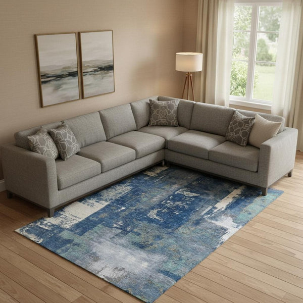 HomeRoots 10' X 14' Navy Blue & Ivory Abstract Washable Area Rug - UV Protected, Stain Resistant, Easy Care 710106