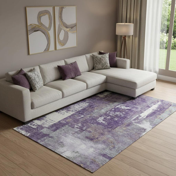 HomeRoots 10' X 14' Purple & Ivory Abstract Area Rug - Washable, UV Protected, Stain Resistant for Family Spaces 710112
