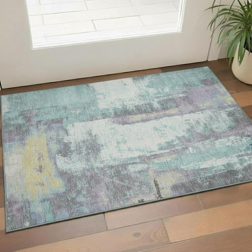 HomeRoots 5' Modern Teal, Ivory & Purple Abstract Area Rug - Washable, UV Protected, Non-Slip for High Traffic 710114