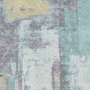 HomeRoots 5' Modern Teal, Ivory & Purple Abstract Area Rug - Washable, UV Protected, Non-Slip for High Traffic 710114