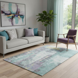 HomeRoots 8' Contemporary Teal Ivory & Purple Abstract Washable Round Rug with UV Protection for High Traffic 710115