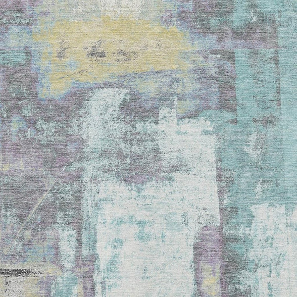 HomeRoots 8' Contemporary Teal Ivory & Purple Abstract Washable Round Rug with UV Protection for High Traffic 710115