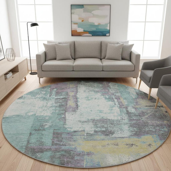 HomeRoots 8' X 10' Teal Ivory Purple Abstract Washable Rug – Stain Resistant, UV Protected & Kid-Friendly! 710116