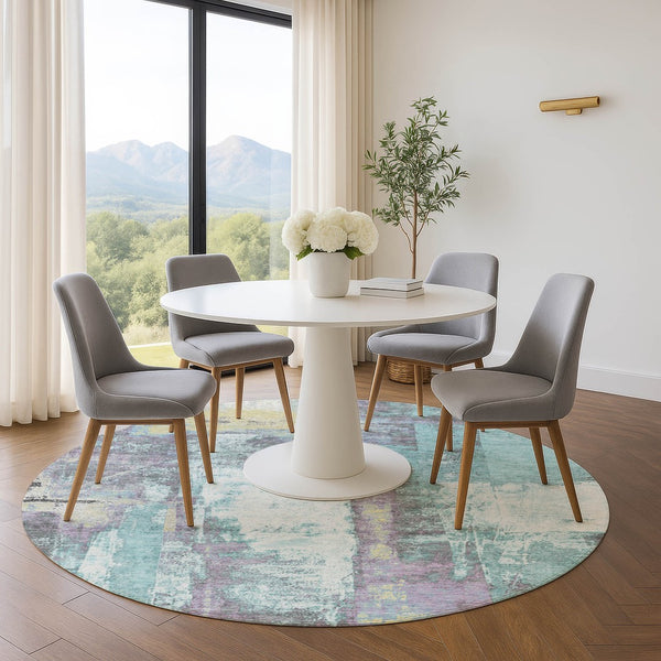 HomeRoots 8' X 10' Teal Ivory Purple Abstract Washable Rug – Stain Resistant, UV Protected & Kid-Friendly! 710116