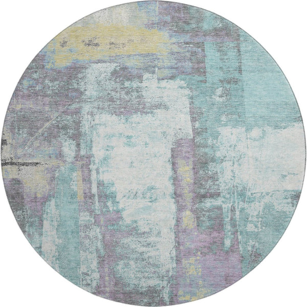 HomeRoots 8' X 10' Teal Ivory Purple Abstract Washable Rug – Stain Resistant, UV Protected & Kid-Friendly! 710116