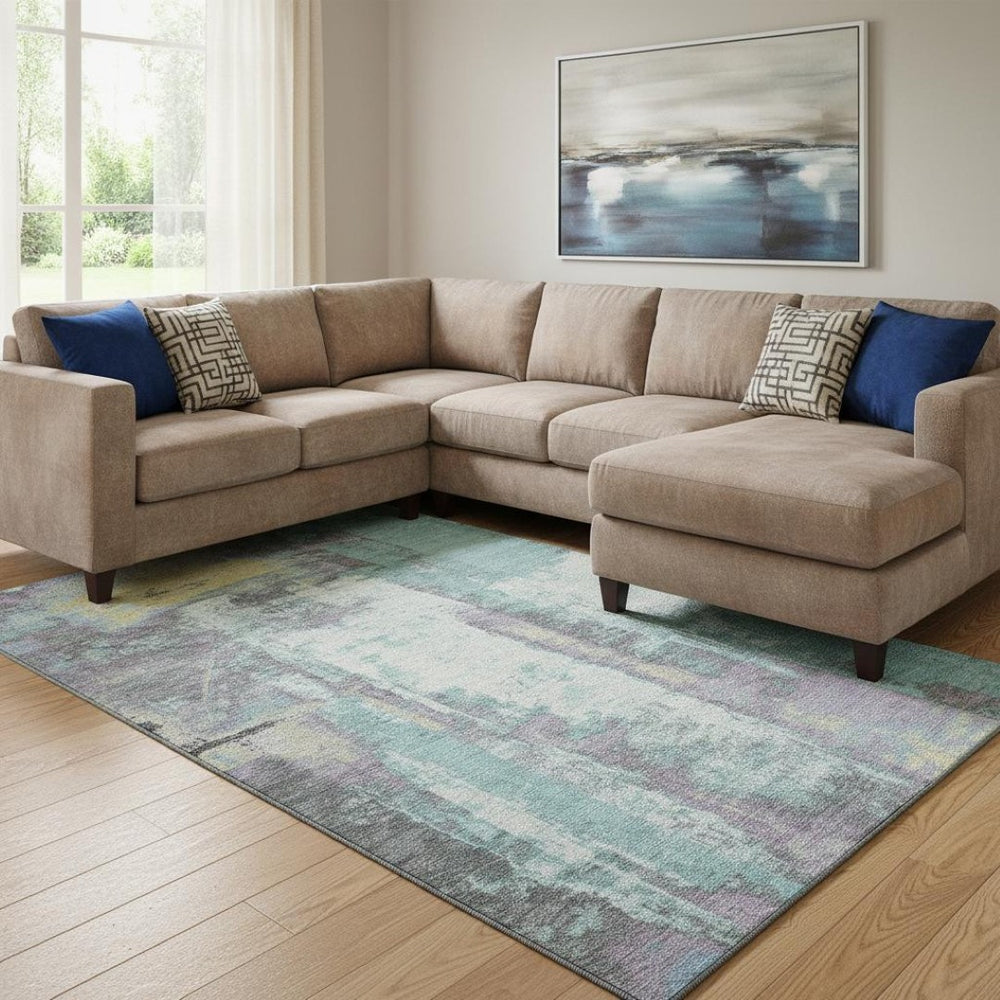 HomeRoots 9' X 12' Teal Ivory Purple Abstract Area Rug - Washable, UV Protected, Stain-Resistant Design for Homes 710117
