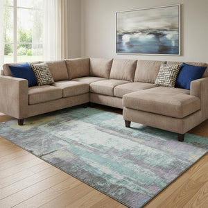 HomeRoots 9' X 12' Teal Ivory Purple Abstract Area Rug - Washable, UV Protected, Stain-Resistant Design for Homes 710117