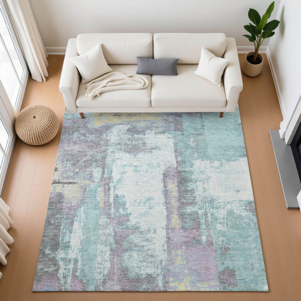HomeRoots 9' X 12' Teal Ivory Purple Abstract Area Rug - Washable, UV Protected, Stain-Resistant Design for Homes 710117