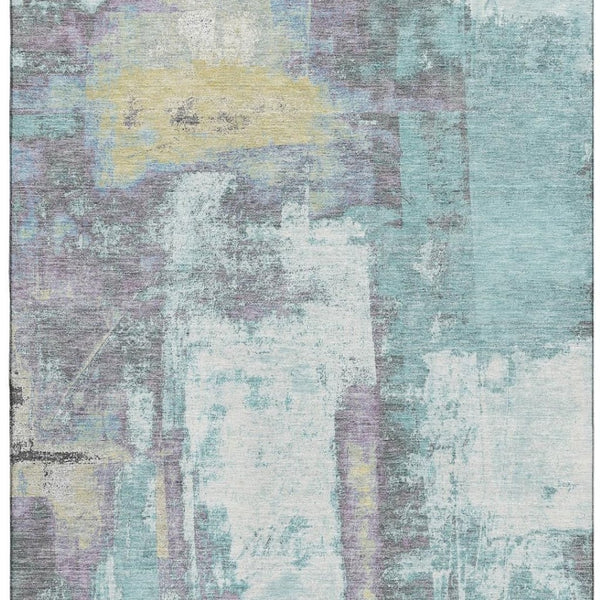 HomeRoots 9' X 12' Teal Ivory Purple Abstract Area Rug - Washable, UV Protected, Stain-Resistant Design for Homes 710117