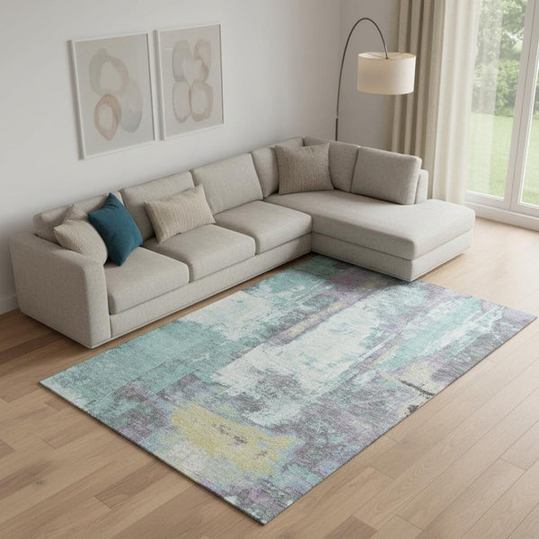 HomeRoots 10' X 14' Teal, Ivory & Purple Abstract Area Rug - Washable, UV-Protected & Pet-Friendly Design 710118
