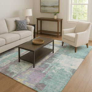 HomeRoots 10' X 14' Teal, Ivory & Purple Abstract Area Rug - Washable, UV-Protected & Pet-Friendly Design 710118