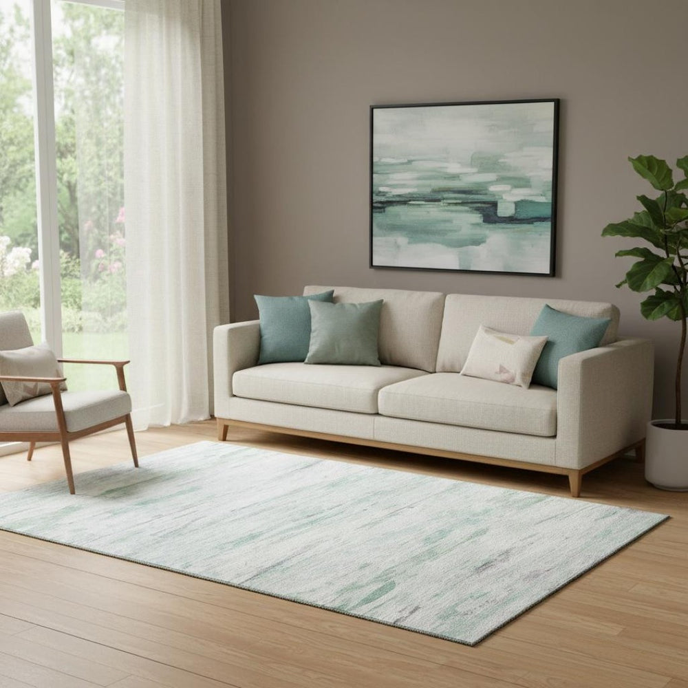 HomeRoots 8' Artichoke Green & Ivory Abstract Washable Round Rug - UV Protected, Stain-Resistant, Soft Comfort 710121